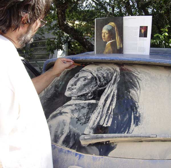 Dirty Car Artist, Scott Wade, recreates Johannes Vermeer's "Girl with a Pearl Earring".